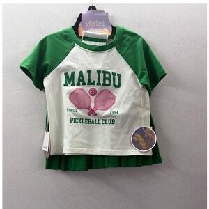 Violet Skye Girls Malibu Pickleball Club Tee Pleated Skort Sock 3pc Set 4T Green